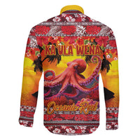 Hawaii KaʻUla Wena Octopus Family Matching Puletasi and Hawaiian Shirt Oceanic Red with Corals and Tropical On Sunset Landscape