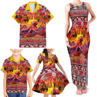 Hawaii KaʻUla Wena Octopus Family Matching Tank Maxi Dress and Hawaiian Shirt Oceanic Red with Corals and Tropical On Sunset Landscape