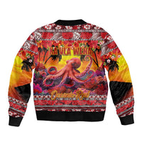 Hawaii KaʻUla Wena Octopus Sleeve Zip Bomber Jacket Oceanic Red with Corals and Tropical On Sunset Landscape