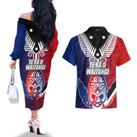 New Zealand Waitangi Couples Matching Off The Shoulder Long Sleeve Dress and Hawaiian Shirt Kia Ora Maori Koruru Tiki Mask LT03 - Polynesian Pride