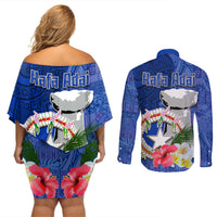 Northern Mariana Islands Hafa Adai Latte Stone Couples Matching Off Shoulder Short Dress and Long Sleeve Button Shirt Blue Color LT03 - Polynesian Pride
