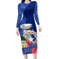 Northern Mariana Islands Hafa Adai Latte Stone Family Matching Long Sleeve Bodycon Dress and Hawaiian Shirt Blue Color LT03 Mom's Dress Blue - Polynesian Pride
