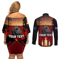 Custom New Zealand and Australia ANZAC Day Couples Matching Off Shoulder Short Dress and Long Sleeve Button Shirt Gallipoli and Canlelight Lest We Forget LT03 - Polynesian Pride