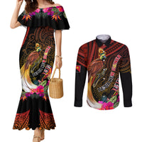 Papua New Guinea Bird-of-Paradise Couples Matching Mermaid Dress and Long Sleeve Button Shirt Hibiscus and Kundu Drum Tribal Pattern LT03 Yellow - Polynesian Pride