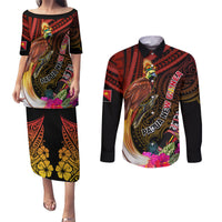 Papua New Guinea Bird-of-Paradise Couples Matching Puletasi and Long Sleeve Button Shirt Hibiscus and Kundu Drum Tribal Pattern LT03 Yellow - Polynesian Pride