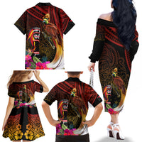 Papua New Guinea Bird-of-Paradise Family Matching Off The Shoulder Long Sleeve Dress and Hawaiian Shirt Hibiscus and Kundu Drum Tribal Pattern LT03 - Polynesian Pride