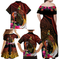 Papua New Guinea Bird-of-Paradise Family Matching Off Shoulder Maxi Dress and Hawaiian Shirt Hibiscus and Kundu Drum Tribal Pattern LT03 - Polynesian Pride