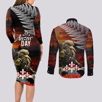 New Zealand ANZAC Day Couples Matching Long Sleeve Bodycon Dress and Long Sleeve Button Shirt The Ode of Remembrance and Silver Fern LT03 - Polynesian Pride