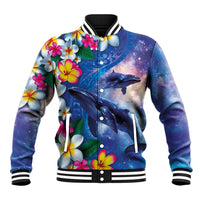 Hawaiian Lei Day Plumeria Humpback Whales Baseball Jacket Polynesian Art Vibrant Starry Nebula Style