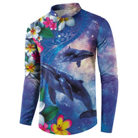 Hawaiian Lei Day Plumeria Humpback Whales Button Sweatshirt Polynesian Art Vibrant Starry Nebula Style