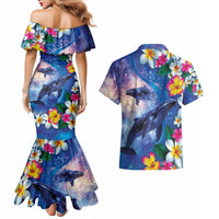Hawaiian Lei Day Plumeria Humpback Whales Couples Matching Mermaid Dress and Hawaiian Shirt Polynesian Art Vibrant Starry Nebula Style