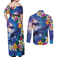 Hawaiian Lei Day Plumeria Humpback Whales Couples Matching Off Shoulder Maxi Dress and Long Sleeve Button Shirt Polynesian Art Vibrant Starry Nebula Style