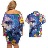 Hawaiian Lei Day Plumeria Humpback Whales Couples Matching Off Shoulder Short Dress and Hawaiian Shirt Polynesian Art Vibrant Starry Nebula Style