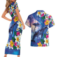 Hawaiian Lei Day Plumeria Humpback Whales Couples Matching Short Sleeve Bodycon Dress and Hawaiian Shirt Polynesian Art Vibrant Starry Nebula Style