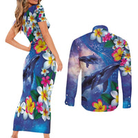 Hawaiian Lei Day Plumeria Humpback Whales Couples Matching Short Sleeve Bodycon Dress and Long Sleeve Button Shirt Polynesian Art Vibrant Starry Nebula Style
