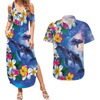 Hawaiian Lei Day Plumeria Humpback Whales Couples Matching Summer Maxi Dress and Hawaiian Shirt Polynesian Art Vibrant Starry Nebula Style