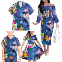 Hawaiian Lei Day Plumeria Humpback Whales Family Matching Off The Shoulder Long Sleeve Dress and Hawaiian Shirt Polynesian Art Vibrant Starry Nebula Style