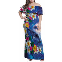 Hawaiian Lei Day Plumeria Humpback Whales Family Matching Off Shoulder Maxi Dress and Hawaiian Shirt Polynesian Art Vibrant Starry Nebula Style