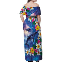 Hawaiian Lei Day Plumeria Humpback Whales Family Matching Off Shoulder Maxi Dress and Hawaiian Shirt Polynesian Art Vibrant Starry Nebula Style