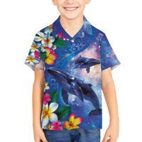 Hawaiian Lei Day Plumeria Humpback Whales Family Matching Off Shoulder Maxi Dress and Hawaiian Shirt Polynesian Art Vibrant Starry Nebula Style