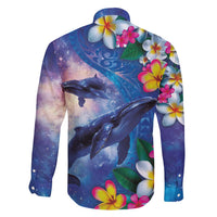 Hawaiian Lei Day Plumeria Humpback Whales Family Matching Off Shoulder Short Dress and Hawaiian Shirt Polynesian Art Vibrant Starry Nebula Style