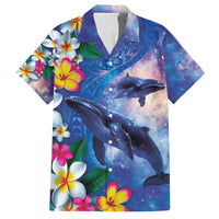 Hawaiian Lei Day Plumeria Humpback Whales Family Matching Short Sleeve Bodycon Dress and Hawaiian Shirt Polynesian Art Vibrant Starry Nebula Style