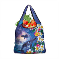 Hawaiian Lei Day Plumeria Humpback Whales Grocery Bag Polynesian Art Vibrant Starry Nebula Style