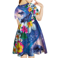 Hawaiian Lei Day Plumeria Humpback Whales Kid Short Sleeve Dress Polynesian Art Vibrant Starry Nebula Style