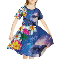 Hawaiian Lei Day Plumeria Humpback Whales Kid Short Sleeve Dress Polynesian Art Vibrant Starry Nebula Style