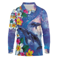 Hawaiian Lei Day Plumeria Humpback Whales Long Sleeve Polo Shirt Polynesian Art Vibrant Starry Nebula Style