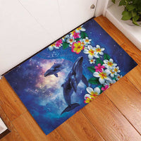 Hawaiian Lei Day Plumeria Humpback Whales Rubber Doormat Polynesian Art Vibrant Starry Nebula Style