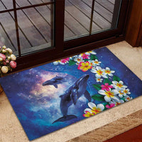 Hawaiian Lei Day Plumeria Humpback Whales Rubber Doormat Polynesian Art Vibrant Starry Nebula Style