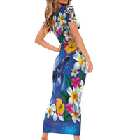 Hawaiian Lei Day Plumeria Humpback Whales Short Sleeve Bodycon Dress Polynesian Art Vibrant Starry Nebula Style