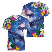 Hawaiian Lei Day Plumeria Humpback Whales Women V-Neck T-Shirt Polynesian Art Vibrant Starry Nebula Style