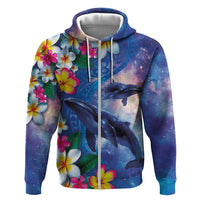 Hawaiian Lei Day Plumeria Humpback Whales Zip Hoodie Polynesian Art Vibrant Starry Nebula Style LT03 Zip Hoodie Art - Polynesian Pride