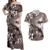 Hawaiian Lei Day Plumeria Humpback Whales Couples Matching Off Shoulder Maxi Dress and Hawaiian Shirt Polynesian Art Vibrant Starry Nebula Grayscale Style