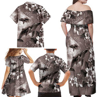 Hawaiian Lei Day Plumeria Humpback Whales Family Matching Off Shoulder Maxi Dress and Hawaiian Shirt Polynesian Art Vibrant Starry Nebula Grayscale Style