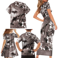 Hawaiian Lei Day Plumeria Humpback Whales Family Matching Short Sleeve Bodycon Dress and Hawaiian Shirt Polynesian Art Vibrant Starry Nebula Grayscale Style