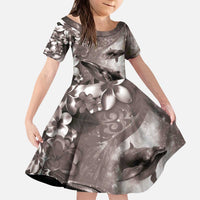 Hawaiian Lei Day Plumeria Humpback Whales Kid Short Sleeve Dress Polynesian Art Vibrant Starry Nebula Grayscale Style