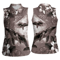 Hawaiian Lei Day Plumeria Humpback Whales Women Sleeveless Polo Shirt Polynesian Art Vibrant Starry Nebula Grayscale Style