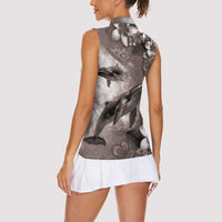 Hawaiian Lei Day Plumeria Humpback Whales Women Sleeveless Polo Shirt Polynesian Art Vibrant Starry Nebula Grayscale Style