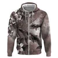 Hawaiian Lei Day Plumeria Humpback Whales Zip Hoodie Polynesian Art Vibrant Starry Nebula Grayscale Style LT03 Zip Hoodie Art - Polynesian Pride
