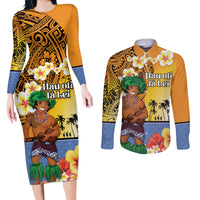Happy Lei Day Couples Matching Long Sleeve Bodycon Dress and Long Sleeve Button Shirt Hula Male Dancer Polynesian Flower Kakau Pattern LT03 Yellow - Polynesian Pride