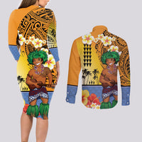 Happy Lei Day Couples Matching Long Sleeve Bodycon Dress and Long Sleeve Button Shirt Hula Male Dancer Polynesian Flower Kakau Pattern LT03 - Polynesian Pride