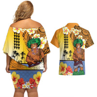 Happy Lei Day Couples Matching Off Shoulder Short Dress and Hawaiian Shirt Hula Male Dancer Polynesian Flower Kakau Pattern