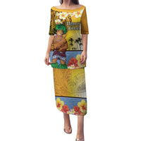 Happy Lei Day Family Matching Puletasi and Hawaiian Shirt Hula Male Dancer Polynesian Flower Kakau Pattern LT03 Mom's Dress Yellow - Polynesian Pride