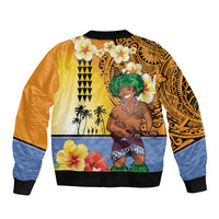 Happy Lei Day Sleeve Zip Bomber Jacket Hula Male Dancer Polynesian Flower Kakau Pattern