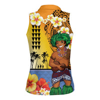 Happy Lei Day Women Sleeveless Polo Shirt Hula Male Dancer Polynesian Flower Kakau Pattern LT03 - Polynesian Pride