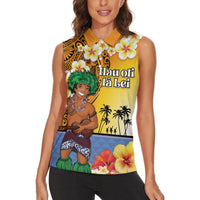 Happy Lei Day Women Sleeveless Polo Shirt Hula Male Dancer Polynesian Flower Kakau Pattern LT03 - Polynesian Pride