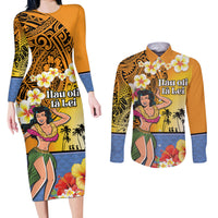 Happy Lei Day Couples Matching Long Sleeve Bodycon Dress and Long Sleeve Button Shirt Hula Girl Polynesian Flower Kakau Pattern LT03 Yellow - Polynesian Pride